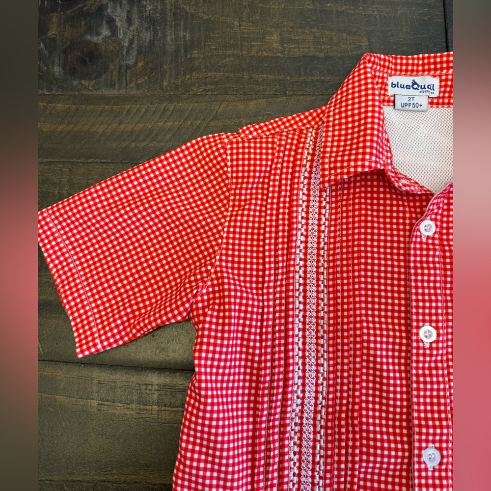 Blue Quail Little Girls Gingham Guayabera Red White Dress 2T - Picture 2 of 15